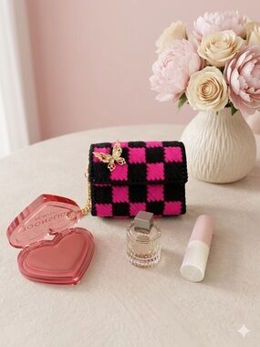 Handmade Pink & Black Checkered Keychain Pouch with Gold Butterfly Charm